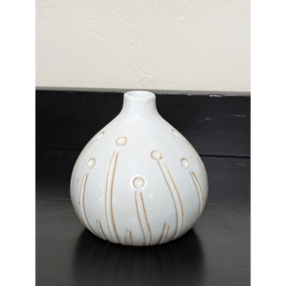 Vintage MCM Neutral‎ Stoneware Bud Vase With Abstract Floral Motif Glossy Finish